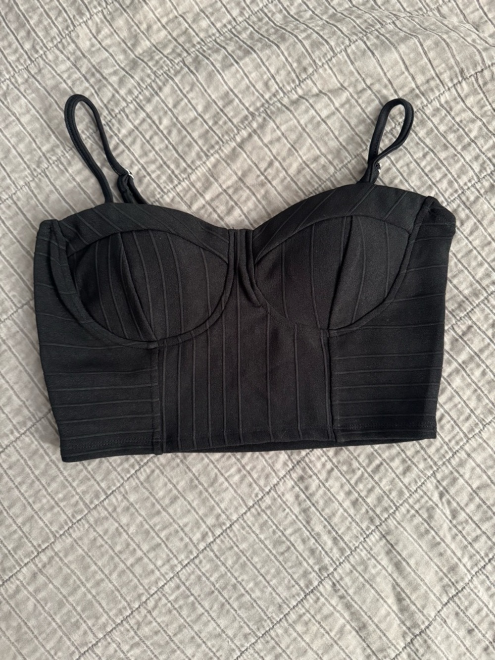 Black Corset Style Crop Top Bustier Strappy Stretch Boned Bralette Size M